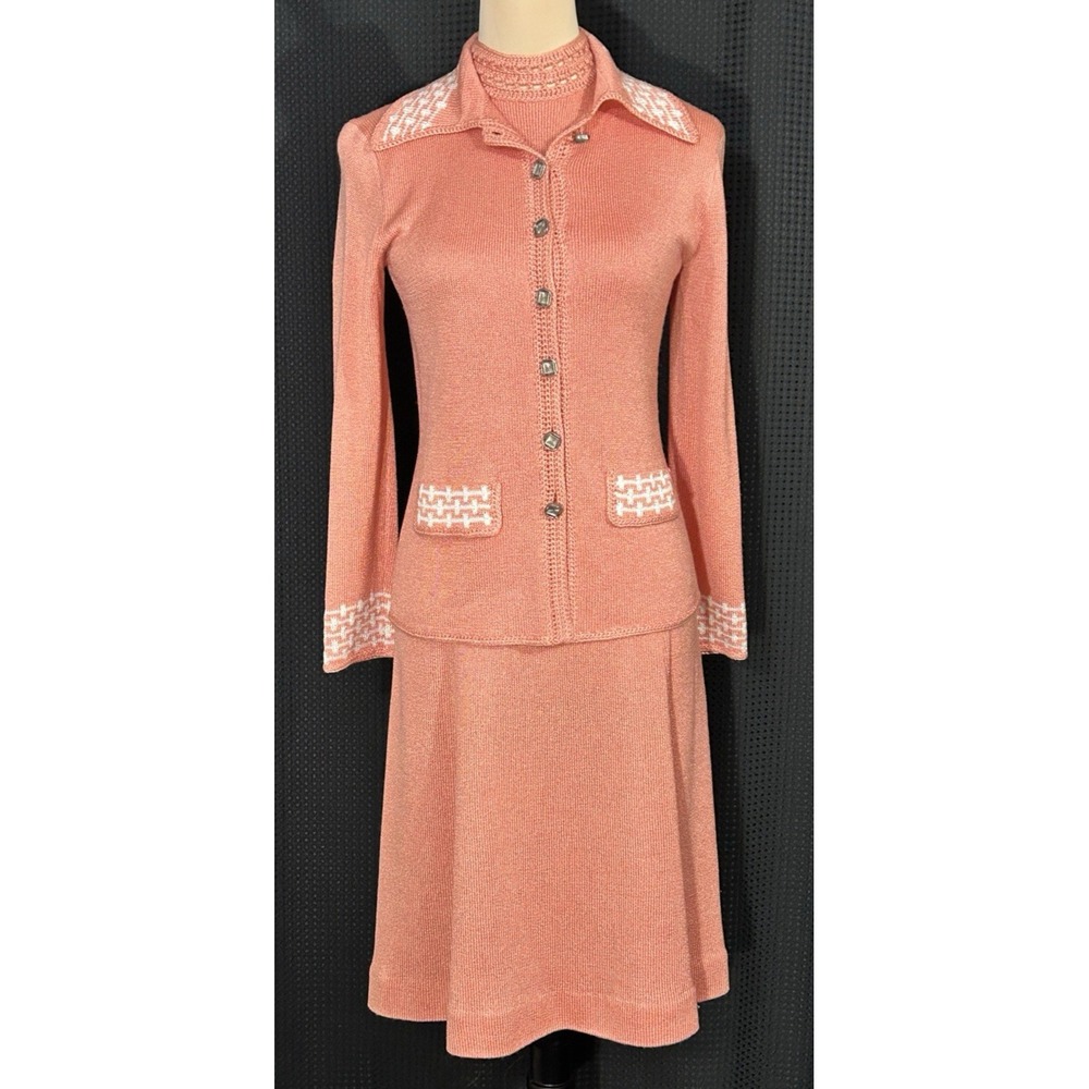 Vintage 70s Mod Gloria Knits California 2pc Dress Jacket Suit Set Coral Salmon S
